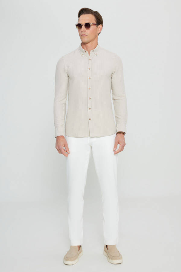 Men's Beige Slim Fit Narrow Cut Button-Down Collar Textured Gaufré Patterned Shirt - 2