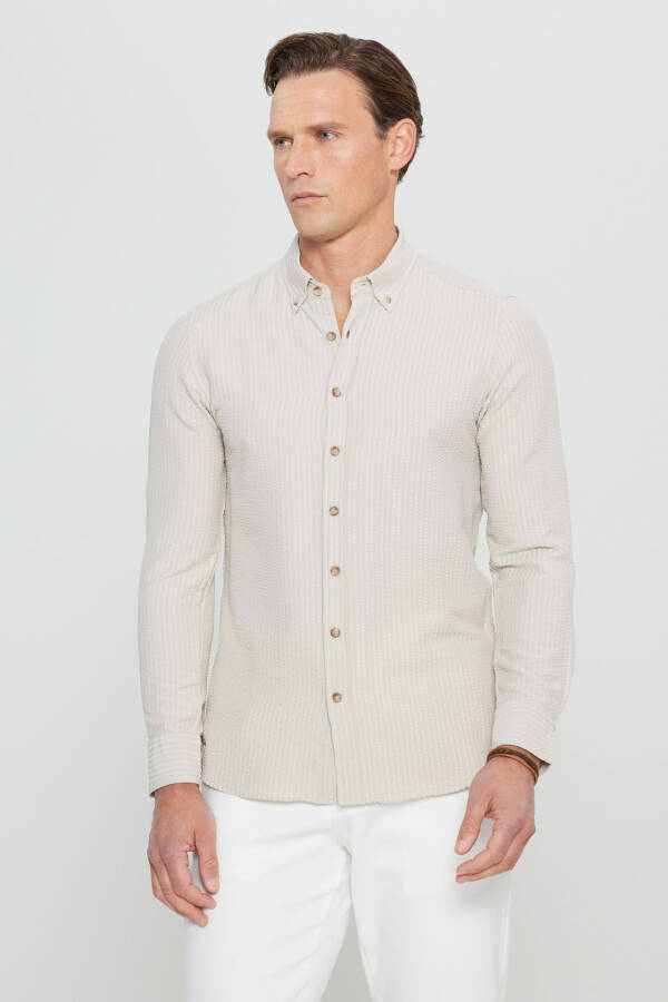 Men's Beige Slim Fit Narrow Cut Button-Down Collar Textured Gaufré Patterned Shirt - 3