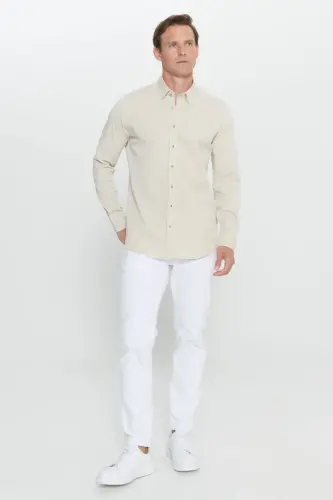 Men's Beige Slim Fit Narrow Cut Hidden Button Collar Cotton Shirt-Beige - ALTINYILDIZ CLASSICS (1)