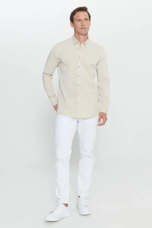 Men's Beige Slim Fit Narrow Cut Hidden Button Collar Cotton Shirt-Beige - 2