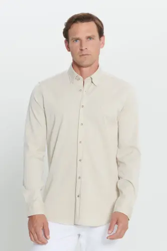 Men's Beige Slim Fit Narrow Cut Hidden Button Collar Cotton Shirt-Beige - 3