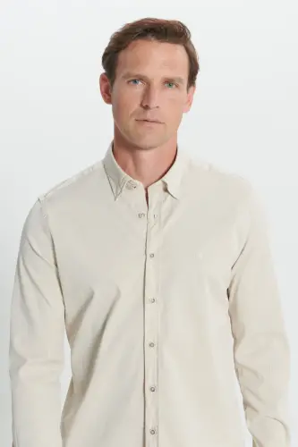 Men's Beige Slim Fit Narrow Cut Hidden Button Collar Cotton Shirt-Beige - 4