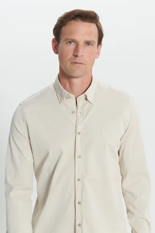 Men's Beige Slim Fit Narrow Cut Hidden Button Collar Cotton Shirt-Beige - 4