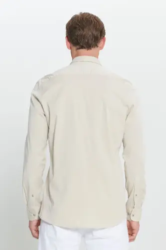 Men's Beige Slim Fit Narrow Cut Hidden Button Collar Cotton Shirt-Beige - 5