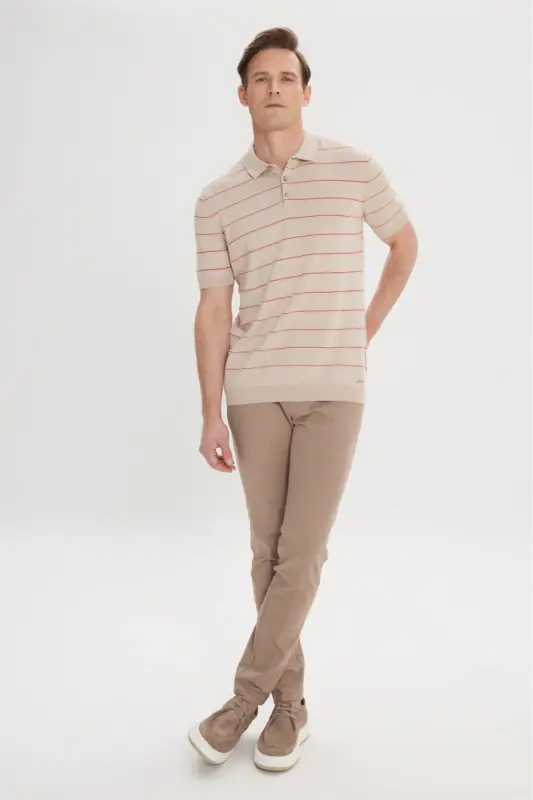 Men's Beige Slim Fit Narrow Cut Side Pocket Cotton Stretch Textured Trousers - 11