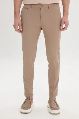 Men's Beige Slim Fit Narrow Cut Side Pocket Cotton Stretch Textured Trousers 