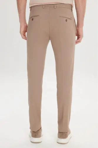 Men's Beige Slim Fit Narrow Cut Side Pocket Cotton Stretch Textured Trousers - 6