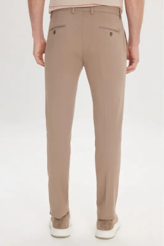 Men's Beige Slim Fit Narrow Cut Side Pocket Cotton Stretch Textured Trousers - 6