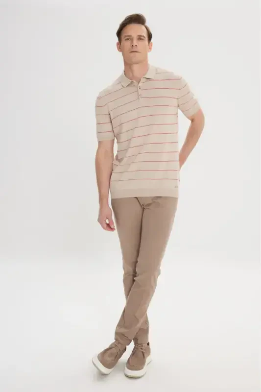 Men's Beige Slim Fit Narrow Cut Side Pocket Cotton Stretch Textured Trousers - 5