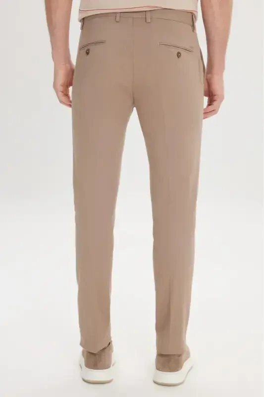 Men's Beige Slim Fit Narrow Cut Side Pocket Cotton Stretch Textured Trousers - 6
