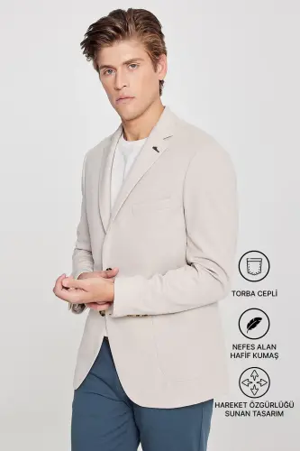 Men's Beige Slim Fit Narrow Cut Single-Breasted Casual Blazer Jacket - 3