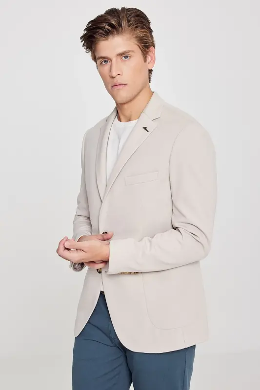 Men's Beige Slim Fit Narrow Cut Single-Breasted Casual Blazer Jacket - 7