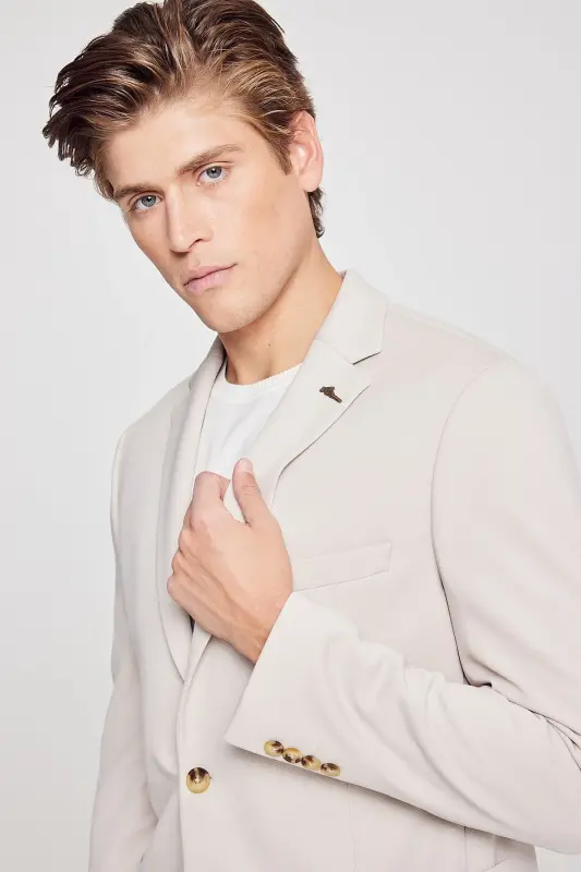 Men's Beige Slim Fit Narrow Cut Single-Breasted Casual Blazer Jacket - 8