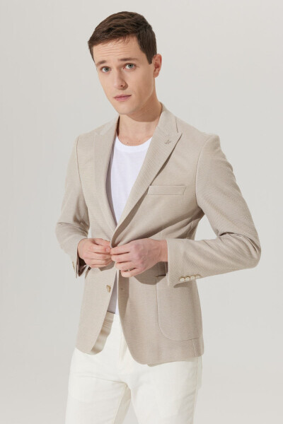 Men's Beige Slim Fit Narrow Cut Swallow Collar Cotton - 4