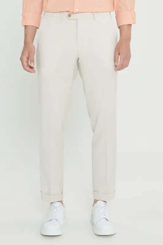 Men's Beige Slim Fit Narrow Cut Wrinkle-Resistant Fabric Waffle Pattern Elastic Waist Trousers - 1