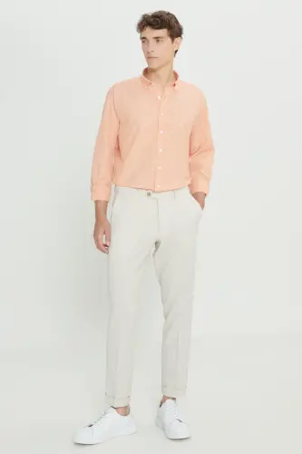 Men's Beige Slim Fit Narrow Cut Wrinkle-Resistant Fabric Waffle Pattern Elastic Waist Trousers - 6