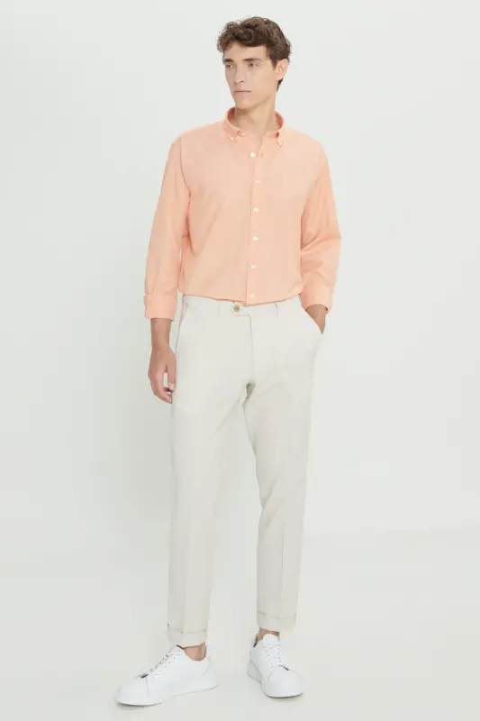 Men's Beige Slim Fit Narrow Cut Wrinkle-Resistant Fabric Waffle Pattern Elastic Waist Trousers - 6