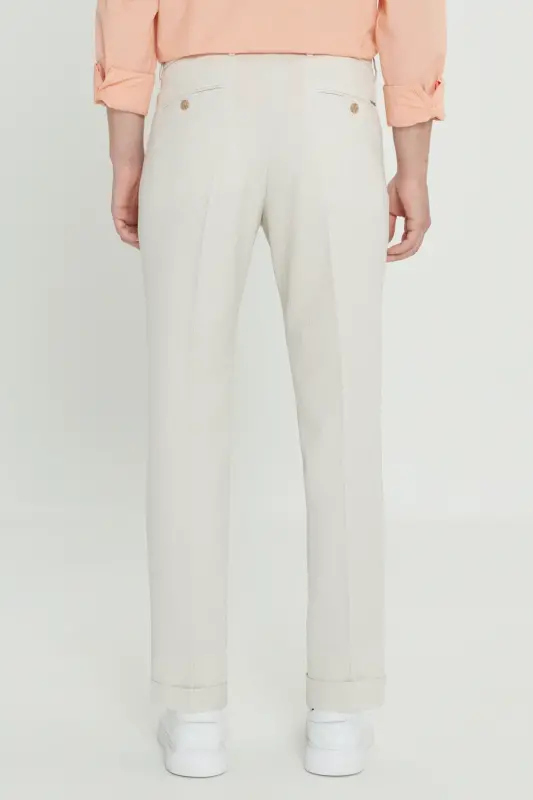 Men's Beige Slim Fit Narrow Cut Wrinkle-Resistant Fabric Waffle Pattern Elastic Waist Trousers - 7