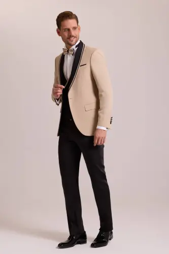 Men's Beige Slim Fit Shawl Collar Waistcoat Tuxedo - YSF (1)
