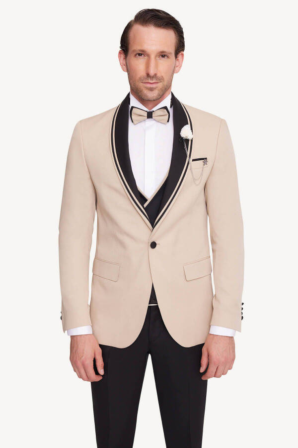 Men's Beige Slim Fit Shawl Collar Waistcoat Tuxedo - 10