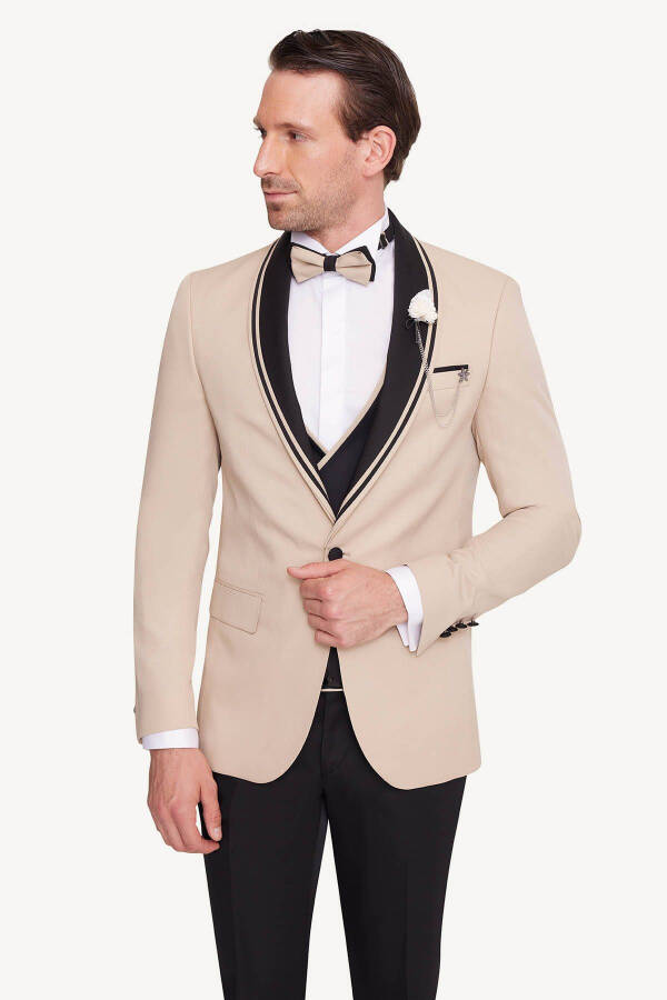 Men's Beige Slim Fit Shawl Collar Waistcoat Tuxedo - 11