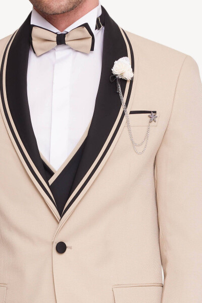 Men's Beige Slim Fit Shawl Collar Waistcoat Tuxedo - 12