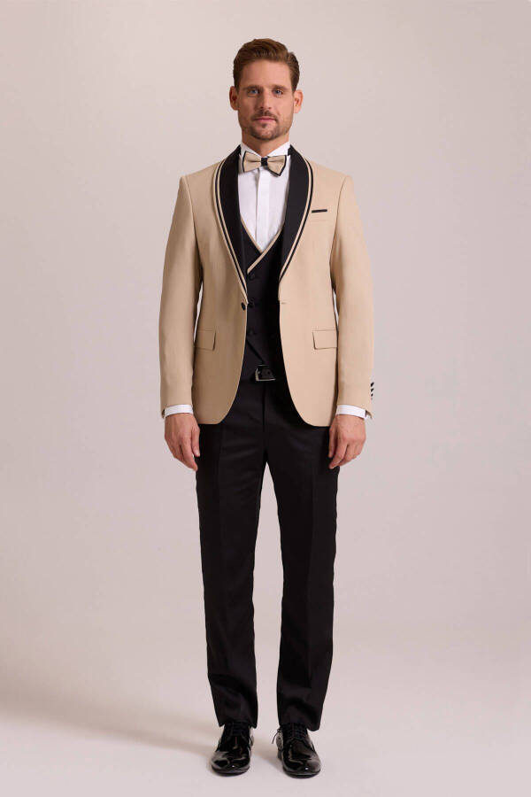 Men's Beige Slim Fit Shawl Collar Waistcoat Tuxedo - 1