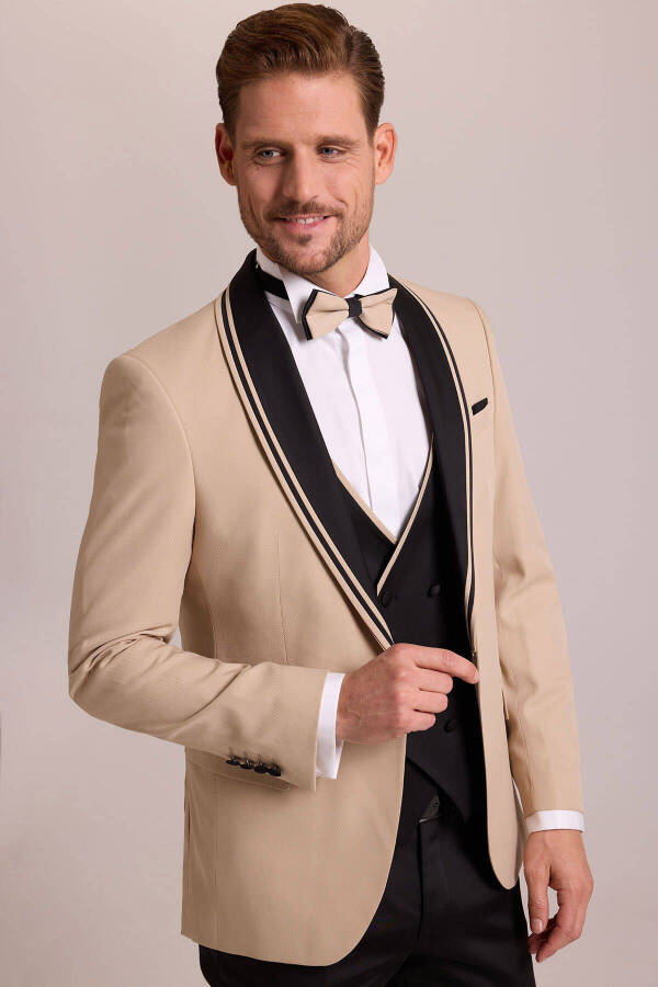 Men's Beige Slim Fit Shawl Collar Waistcoat Tuxedo - 3