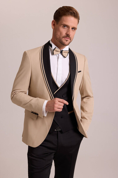 Men's Beige Slim Fit Shawl Collar Waistcoat Tuxedo - 4