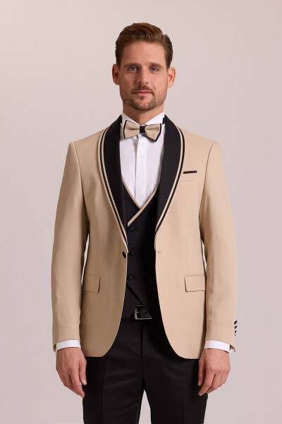 Men's Beige Slim Fit Shawl Collar Waistcoat Tuxedo - 5