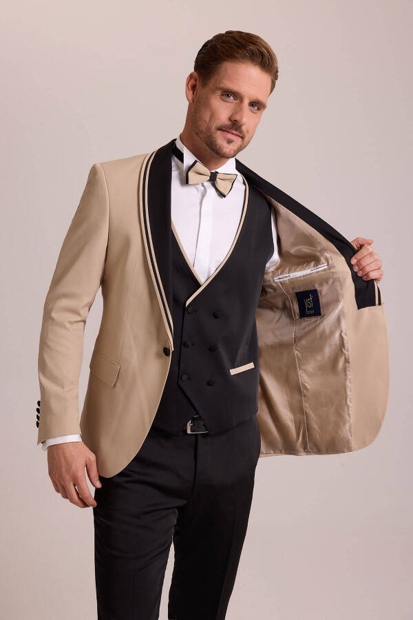 Men's Beige Slim Fit Shawl Collar Waistcoat Tuxedo - 8