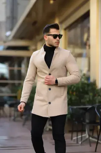 Men's Beige Slim Fit Stand-up Collar Wool Coat-Beige - SER JOVEN (1)