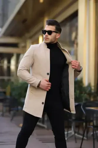 Men's Beige Slim Fit Stand-up Collar Wool Coat-Beige - 3