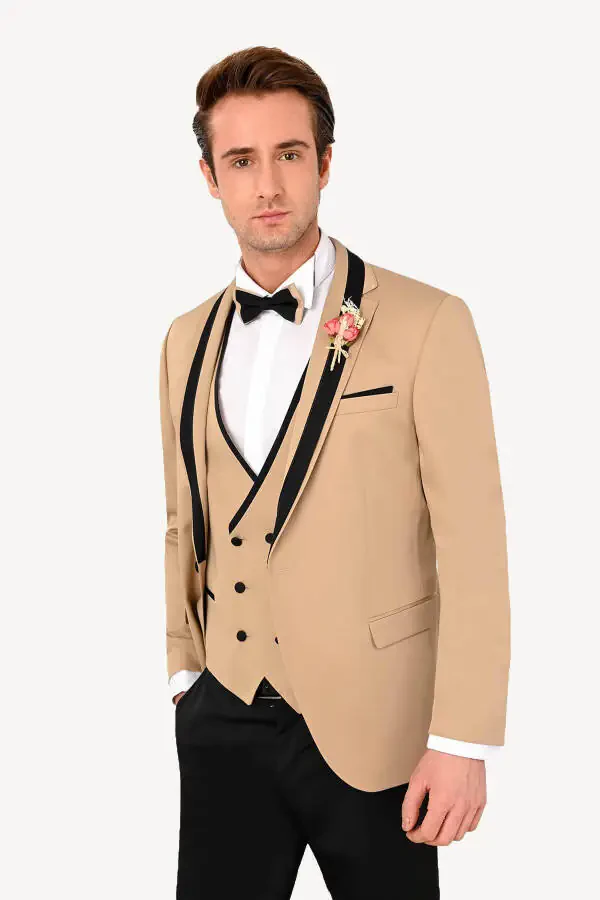 Men's Beige Slim Fit Waistcoat Shawl Collar Tuxedo - 2