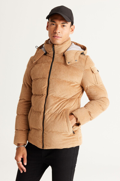 Men's Beige Standard Fit Regular Cut Zip-Up Hooded Coat - 6