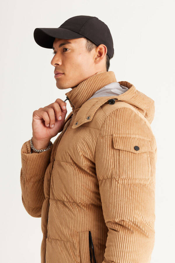 Men's Beige Standard Fit Regular Cut Zip-Up Hooded Coat - 7