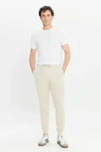 Men's Beige Standard Fit Regular Fit 2 Thread Pocketed Relaxed Recycled Cotton Jogger Sweatpants-Beige - AC&CO / ALTINYILDIZ CLASSICS (1)