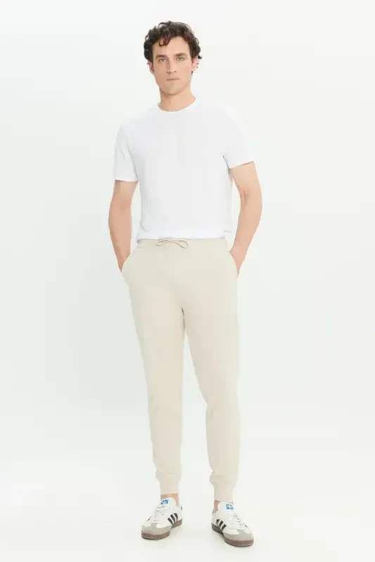 Men's Beige Standard Fit Regular Fit 2 Thread Pocketed Relaxed Recycled Cotton Jogger Sweatpants-Beige - 2
