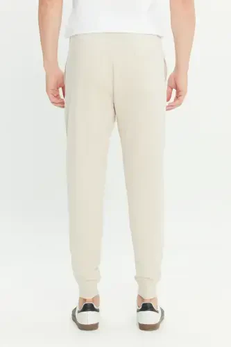 Men's Beige Standard Fit Regular Fit 2 Thread Pocketed Relaxed Recycled Cotton Jogger Sweatpants-Beige - 5