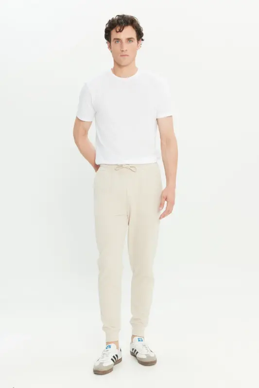 Men's Beige Standard Fit Regular Fit 2 Thread Pocketed Relaxed Recycled Cotton Jogger Sweatpants-Beige - 3