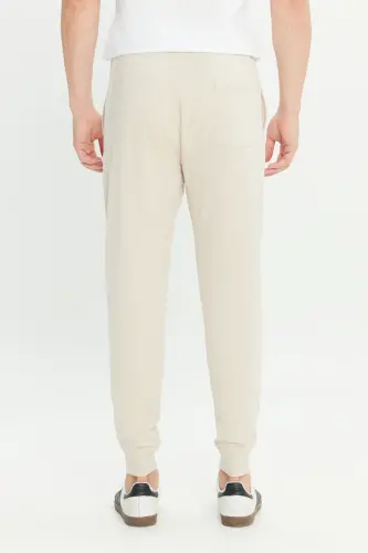 Men's Beige Standard Fit Regular Fit 2 Thread Pocketed Relaxed Recycled Cotton Jogger Sweatpants-Beige - 5