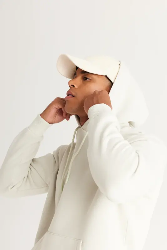 Men's Beige Standard Fit Regular Fit Fleece Lined 3 Thread Hooded Cotton Sweatshirt-Beige - 3