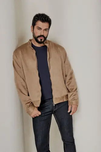 Men's Beige Standard Fit Regular Fit Stand-Up Collar Suede Jacket-Beige - 1