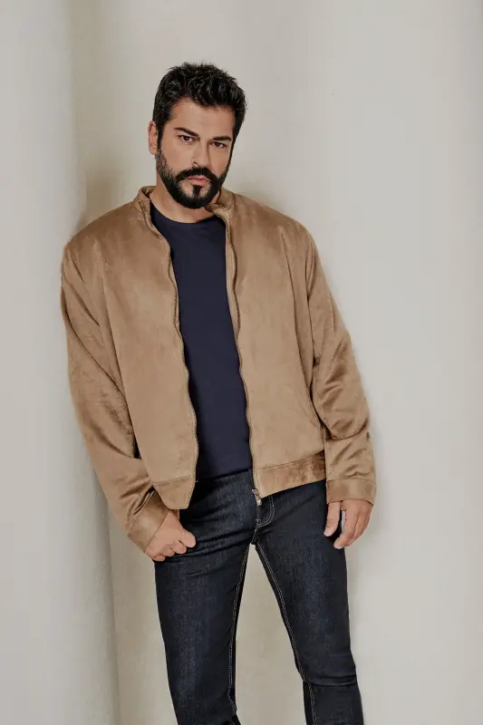 Men's Beige Standard Fit Regular Fit Stand-Up Collar Suede Jacket-Beige - MODAZONE