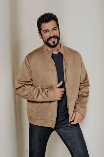 Men's Beige Standard Fit Regular Fit Stand-Up Collar Suede Jacket-Beige - MODAZONE (1)