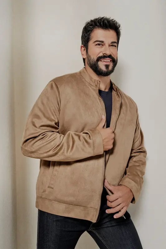 Men's Beige Standard Fit Regular Fit Stand-Up Collar Suede Jacket-Beige - 3