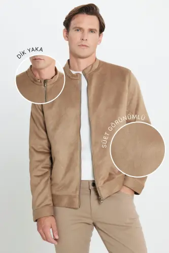 Men's Beige Standard Fit Regular Fit Stand-Up Collar Suede Jacket-Beige - 4