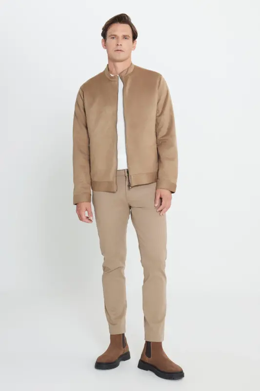 Men's Beige Standard Fit Regular Fit Stand-Up Collar Suede Jacket-Beige - 6