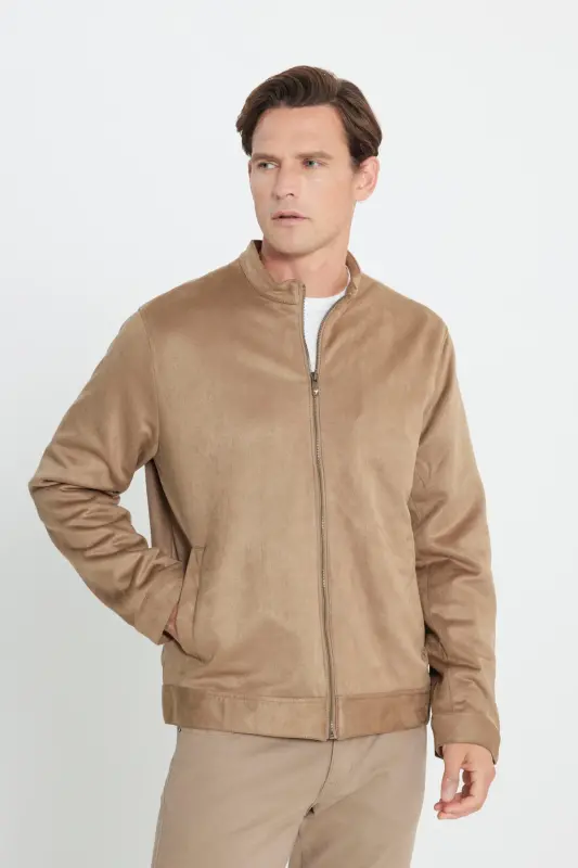 Men's Beige Standard Fit Regular Fit Stand-Up Collar Suede Jacket-Beige - 7