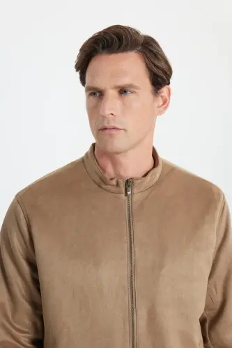 Men's Beige Standard Fit Regular Fit Stand-Up Collar Suede Jacket-Beige - 8